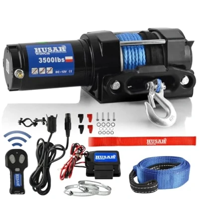 Image de Husar Winch Treuil Électrique 12V, 3500 lbs 1587 kg, Corde Synthétique 12 mètres de long, très solide, commande sans fil, frein automatique, kit montage idéal pour les quads et ATV/UTV
