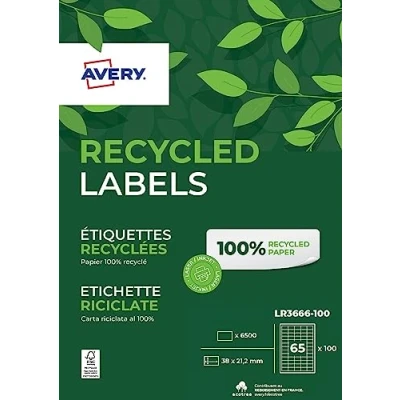 Image de AVERY 6500 Étiquettes Autocollantes Blanches Personnalisables 100% Recyclées Format 38 x 21,2 mm Impression Laser et Jet d&#039;Encre