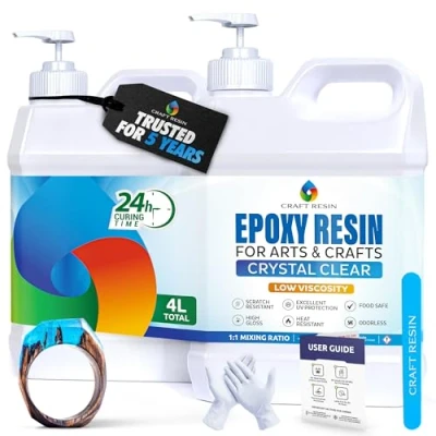 Image de Craft Resin 4L Resine epoxy Kit Complet Débutant Transparente et Durcisseur, Pour Bijoux Moule d&#039;art Sous verres Table Bois Résine alimentaire, résistante à la chaleur UV
