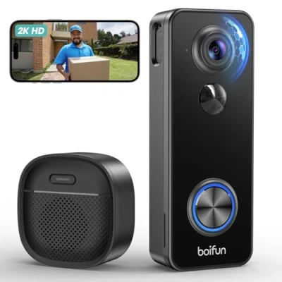 Image de BOIFUN Sonnette sans Fil avec Camera, 2K Exterieur Etanche, Détection Humaine Sensor, Vision Nocturne Couleur, Audio Bidirectionnel, IP65 Étanche, Compatible Alexa