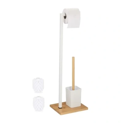 Image de Relaxdays Serviteur WC, Support Non Fixe, Brosse avec Porte Brosse, Acier Inoxydable &amp; Bambou, Blanc Nature
