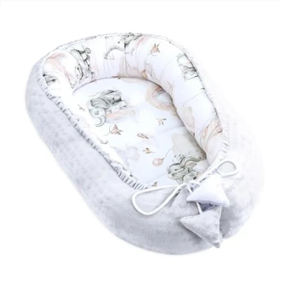 Image de Réducteur Lit Bébé 90x50 cm Cocoon Cale Bebe pour Baby Nest Coton avec Minky Éléphant Gris Clair