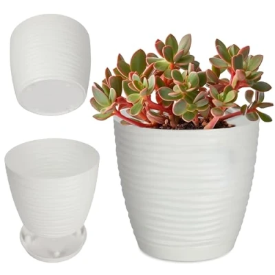 Image de KADAX Pot de Fleurs en Plastique avec Soucoupe, Cache Moderne Ornée d&#039;un Élégant Motif Ondulé pour Une Décoration Florale (Ronde, Blanc, 17 cm)