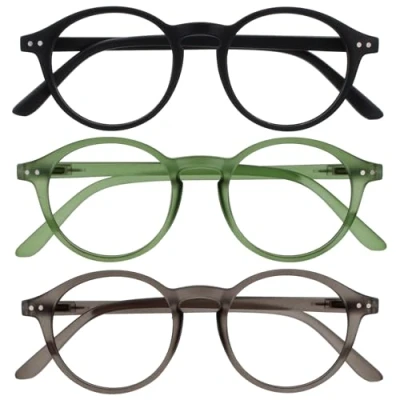 Image de OPULIZE REY Lunettes de Lecture Lot 3 Montures Rondes Rétro Noir Mat, Vert, Gris Hommes Femmes Charnières à Ressort RRR56 167 +2.50