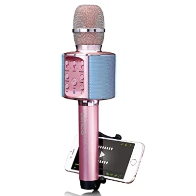 Image de Lenco BMC 090 Microphone karaoké Bluetooth V4.2 avec Station d&#039;accueil pour Smartphone 5 Watt RMS Effets Lumineux LED Batterie intégrée de 1200 mAh Android et iOS Rose