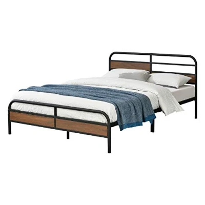 Image de Cadre de Lit en Métal Robuste Construction Solide avec Lattes Métalliques Double Design Stylé Capacité Charge 300 kg Acier Laqué 140 x 200 cm Noir Mat Effet Noyer