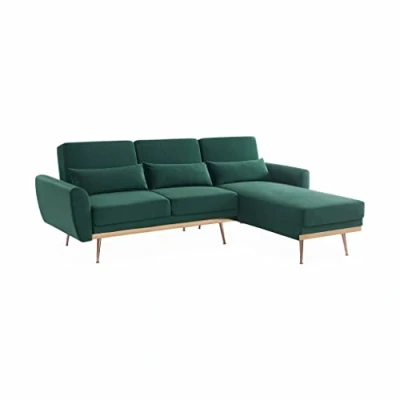Image de Alice&#039;s Home Canapé d&#039;angle Convertible. réversible 3 Places. Velours Vert Anglais. Pieds Fins Or Rose