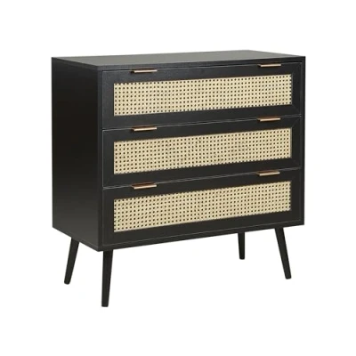 Image de Commode à 3 Tiroirs en Rotin Façade MDF Noir avec Pieds Bois d&#039;Hévéa Meuble de style Boho Opoco