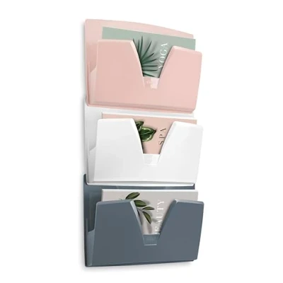 Image de CEP Lot de 3 corbeilles murales Rose poudré Gris orage Blanc Mineral Présentoir Rangement bureau documents format 24x32cm Organiseur dossiers