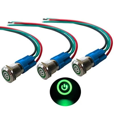 Image de QitinDasen 3Pcs Premium 12V / 24V 3A Interrupteur à Bouton Poussoir Auto Bloquant, Commutateur 12mm, Vert LED Etanche IP66 avec Fil de Prise Courant