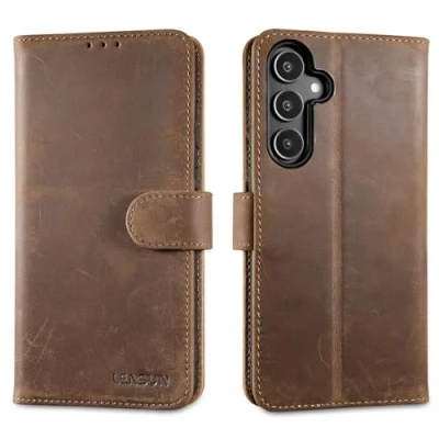 Image de LENSUN Coque en Cuir Véritable pour Samsung Galaxy A55, Etui à Rabat Pochette de Portefeuille [RFID Blocage] Rangements Cartes Housse A55 5G Marron Foncé Rétro