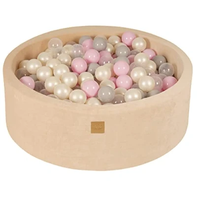 Image de MEOWBABY Piscine à Balles pour Bébé Rond 90x30cm Fosses a Boules Enfants avec 200 Balle, Velvet, Écru: Transparent/Rose Pastel/Perle Blanc/Gris