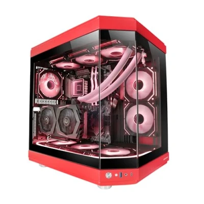 Image de Mars Gaming MC 3T, Boîtier Custom ATX, Triple Fenêtr Verre Trempé Continu, Refroidissement Liquide Complet, Double Caméra Latérale, 3x Slots PCI Verticaux, USB C et 3.0, Rouge
