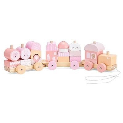 Image de Navaris Jouet Train en Bois Jeu 40 x 7,2 9 cm Pour Enfants Bébés 3 Wagons Durable Biodégradable Filles et Garçons