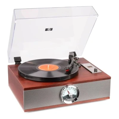 Image de Fenton RP180 Platine Vinyle Lecteur CD Design Retro Bois Foncé, Récepteur Bluetooth, Haut Parleurs Intégrés, 33, 45 et 78 Tours, Sortie RCA, Radio FM, Contrepoids Réglable, Fonction Arrêt Auto