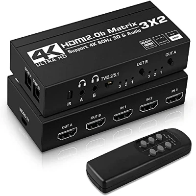 Image de Distributeur matriciel 3X2 avec Double Audio ，HDMI 2.0 Matrix HDMI 3 in 2 Out 4K/60HZ HDCP2.2