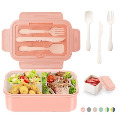 Image de LUZOON Lunch Box, Bento Box Boîte à Déjeuner en Plastique pour Enfant Adulte, 1400ml Boite Repas avec Trois Compartiments et des Couverts, sans BPA, Micro Ondes(Rose+Boîte sauces)