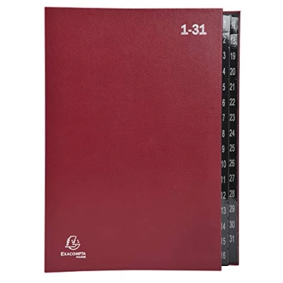 Image de Exacompta Réf. 57035E 1 trieur Ordonator couverture rigide intérieur en carte noire onglets plastifiés numériques de à 31 32 compartiments dim 25x33 cm pour A4 couleur rouge