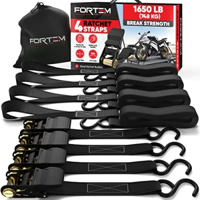 Image de FORTEM Sangles d&#039;Arrimage, Résistance 748 kg, 4 de Remorquage 4,5 m, Boucles Souples, Arrimage Moto, Anse Caoutchouc, Crochets Métal Enduit, Sac Transport (Noir)