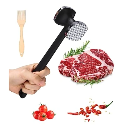 Image de Jissta Attendrisseur de Viande,Attendrisseur à escalope antiadhésif Double Face,Marteau Viande, Marteau Steak,Marteau attendrir avec Manche antidérapant pour Steak,Poulet,côtelettes,argenté