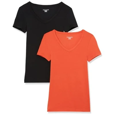 Image de Amazon Essentials T Shirt Col en v à Manches Courtes Coupe Ajustée Femme, Lot de 2, Noir/Rouge Tomate, XL
