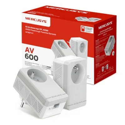 Image de Mercusys MP300P Kit CPL 600Mbps avec 1 Port et Prise Intégrée Type F, Boitier de 2 idéale pour Profiter du Service Multi TV à la Maison, Compatible Toutes Les Box