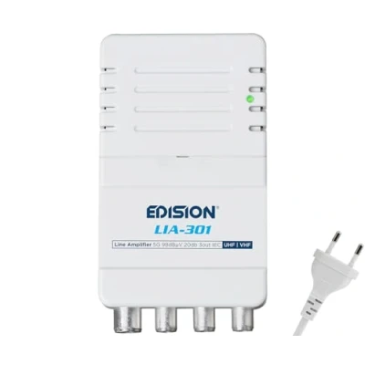 Image de EDISION LIA 301 Amplificateur Antenne TV TNT intérieur d&#039;appartement UHF/VHF, 5 20db Réglable, 98dBmV, pour Numérique Terrestre DVB T/T2, avec Filtre 5G LTE, 1 entrée, 3 Sorties, Connecteurs IEC
