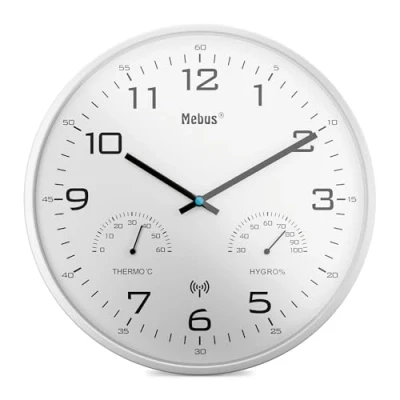 Image de Mebus Horloge Murale Radio pilotée Moderne avec Affichage de la température et l&#039;humidité, 30 cm, pilotée, Salon, Cuisine/Modèle : 52841 / Couleur Blanc