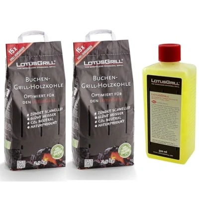 Image de LotusGrill Lot de 2 sacs charbon bois hêtre 2,5 kg + pâte combustible 500 ml chacun conçu pour griller sans fumée avec le