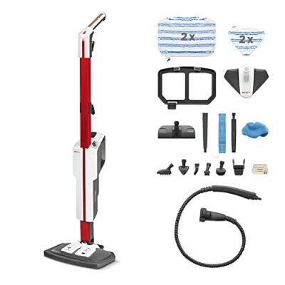 Image de Polti Vaporetto SV650 Style, Balai Vapeur avec Nettoyeur à Main Intégré, 19 Accessoires, Chauffe rapide 20sec., Filtre Anti Calcaire, Autonomie Illimitée, Poignée liège confortable, Rouge et Blanc