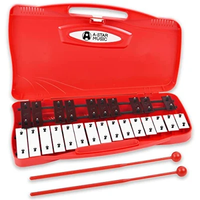 Image de A Star Xylophone Glockenspiel Soprano Chromatique 25 Notes dans un étui Rouge avec Touches Noires/Blanches et Deux Battes en Plastique 2 Octaves G5 à G7