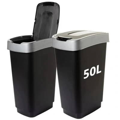 Image de LIVINJA Duo Poubelle de cuisine à 2 compartiments 50 l, double poubelle, anti odeurs, avec couvercle basculant, 60 x 45 34 cm, en plastique recyclable, robuste et noir/argent,