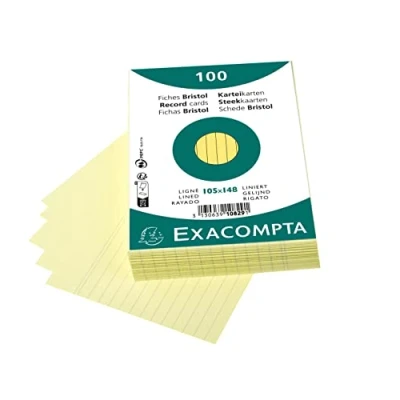 Image de Exacompta Réf. 10829SE Paquet de 100 fiches bristol lignées non perforées sous film compatibles avec imprimante jet d&#039;encre, laser et photocopieur format 105 x 148 mm couleur jaune