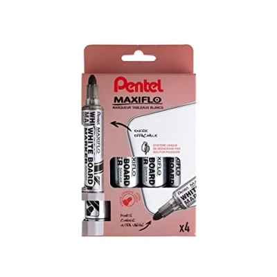 Image de Pentel Maxiflo MWL5W/4, Pochette de 4 marqueurs tableaux blancs pointe conique ultra large, Noir, Rouge, Bleu, Vert