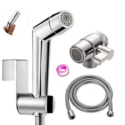 Image de kit Douchette wc, ABS Chrome toilette pour bidet de pulvérisation couches bébé avec distributeur robinet, bac à tuyaux et toilettes crochet ou support mural
