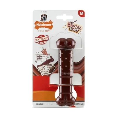 Image de Nylabone, Basted Blast, Effet à mâcher extrêmement Fort, Jouet pour Chiens en Nylon, Forme d&#039;os, Os Durable, Goût : Bacon et Steak, Medium, jusqu&#039;à 16 kg