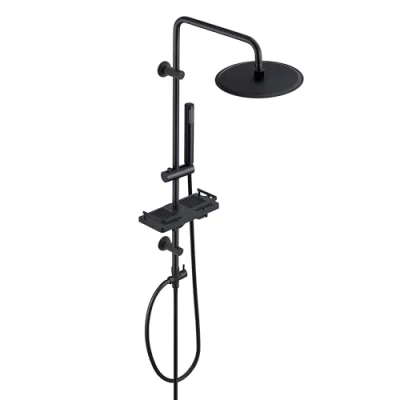 Image de Görbach Colonne de douche Pluie sans Robinet en acier inoxydable Noir Ensemble Murales Réglables Système avec Pommeau Effet Pluie, Étagère et Douchette D20CM