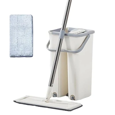 Image de Balai Microfibre et Seau Essoreur, 360 Rotatif Serpillère Plat avec 1 Serpillères de Rechange, Vadrouille Mains Libre pour Nettoyage Sols Bois, Stratifiés, Carrelage Marbre