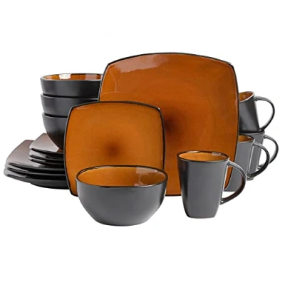 Image de Gibson Soho Lounge Square Service en grès avec glaçure réactive, ensemble pour 4 personnes (16 pièces), ambre