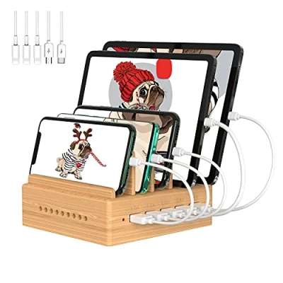 Image de OthoKing Station de recharge pour téléphone portable USB Charge multiple plusieurs appareils et smartphones en bambou avec 5 câbles