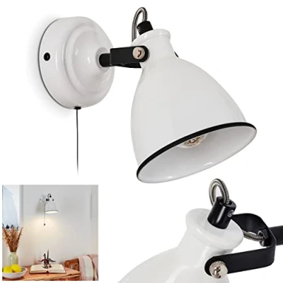 Image de Applique murale Selki, lampe au design vintage en métal blanc (brillant)/noir, rétro avec spot orientable et interrupteur à tirette, 1 flamme, douille E14, ampoule(s) non incluse(s)