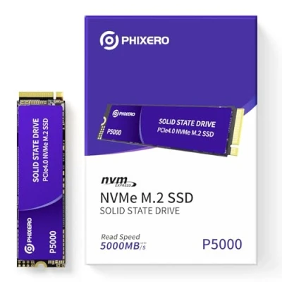 Image de PHIXERO P5000 NVMe SSD 1 To PCIe Gen 4.0 x 4 M.2 2280 vitesses jusqu&#039;à 5200 Mo/s Disque interne pour ordinateur portable tout en un Jeux de bureau/design/rendu