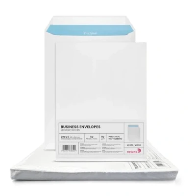 Image de Netuno 50 enveloppes d&#039;expédition blanches C4 229 x 324 mm 100g grandes sans fenêtre pour lettre A4 commerciales avec impression intérieure grise