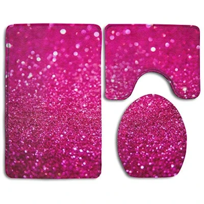Image de RedBeans Ensemble de tapis bain en flanelle 3 pièces avec motif pailleté rose, extra doux et antidérapants, pour douche WC