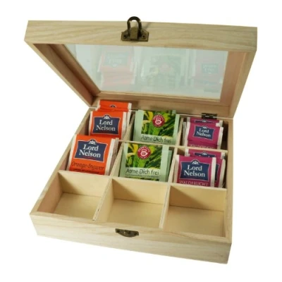 Image de Incutex boîte de rangement thé, thé compartiments, sachets, bois avec 9 compartiments et fenêtre transparente