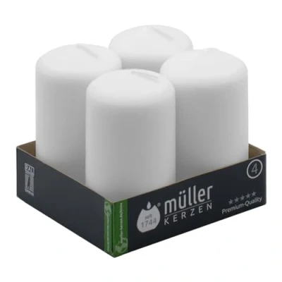 Image de Müller Bougies Pilier 4 Pièces Blanc 48 x 90 mm Longue Durée de Combustion: 16 Heures Cire Non Parfumées, Sans Gouttes Qualité RAL