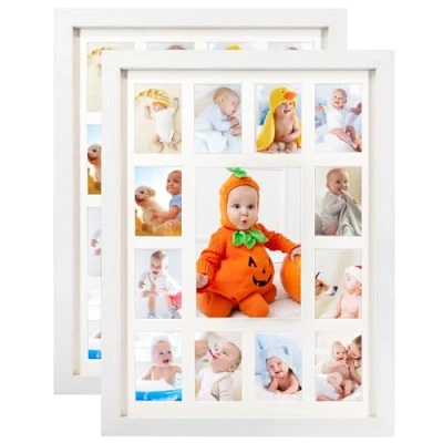 Image de GMFrames Lot de 2 cadres photo 12 mois pour bébé Collage blanc avec passe partout Affiche une x 17 cm et douze photos 6,3 8,9