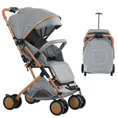 Image de Poussette Canne Bébé Ultra Légère, Compacte, Pliable et Inclinable de la Naissance à 25 kg, avec Système Trolley, Housse Pluie Incluse, CapoteExtensible B gris