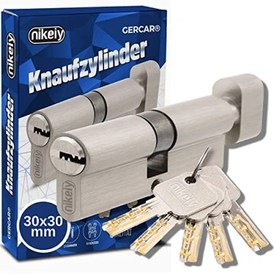 Image de GERCAR Cylindre de serrure à bouton 30/30 Massif Avec En laiton nickelé mat 5 clés Clé réversible Longueur : 60 mm, A 30 B 1 x