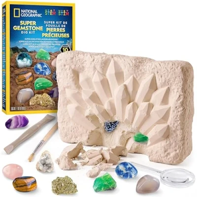 Image de NATIONAL GEOGRAPHIC Kit d&#039;Excavation de Gemmes avec 10 Véritables Pierres Précieuses pour Enfants, Découvrez les des Outils et une Loupe, Kits Science